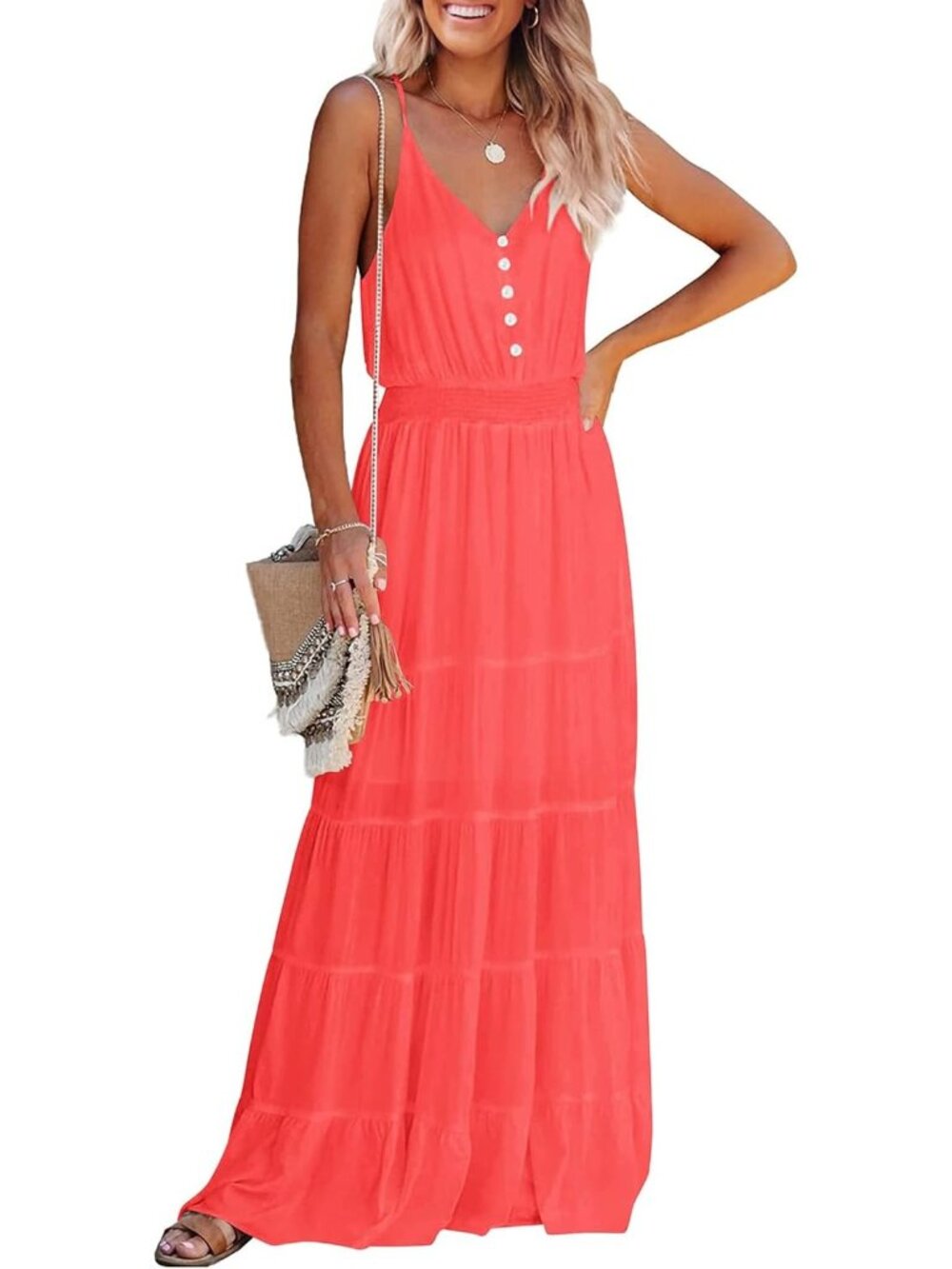 〽️Women's Orange Red Spaghetti Strap V Neck Flowy Maxi Dress Summer Sundress